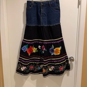 Incredible embroidered BoHo skirt with denim waist